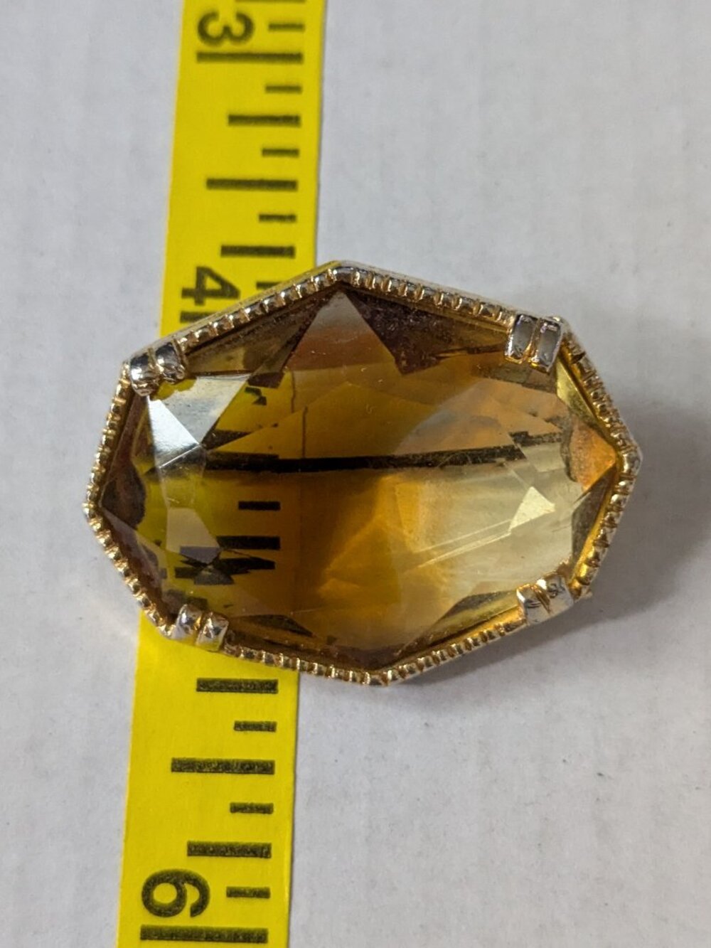 Vintage Golden Yellow Citrine Amber-Colored Glass Stone Prong Set Brooch Pin